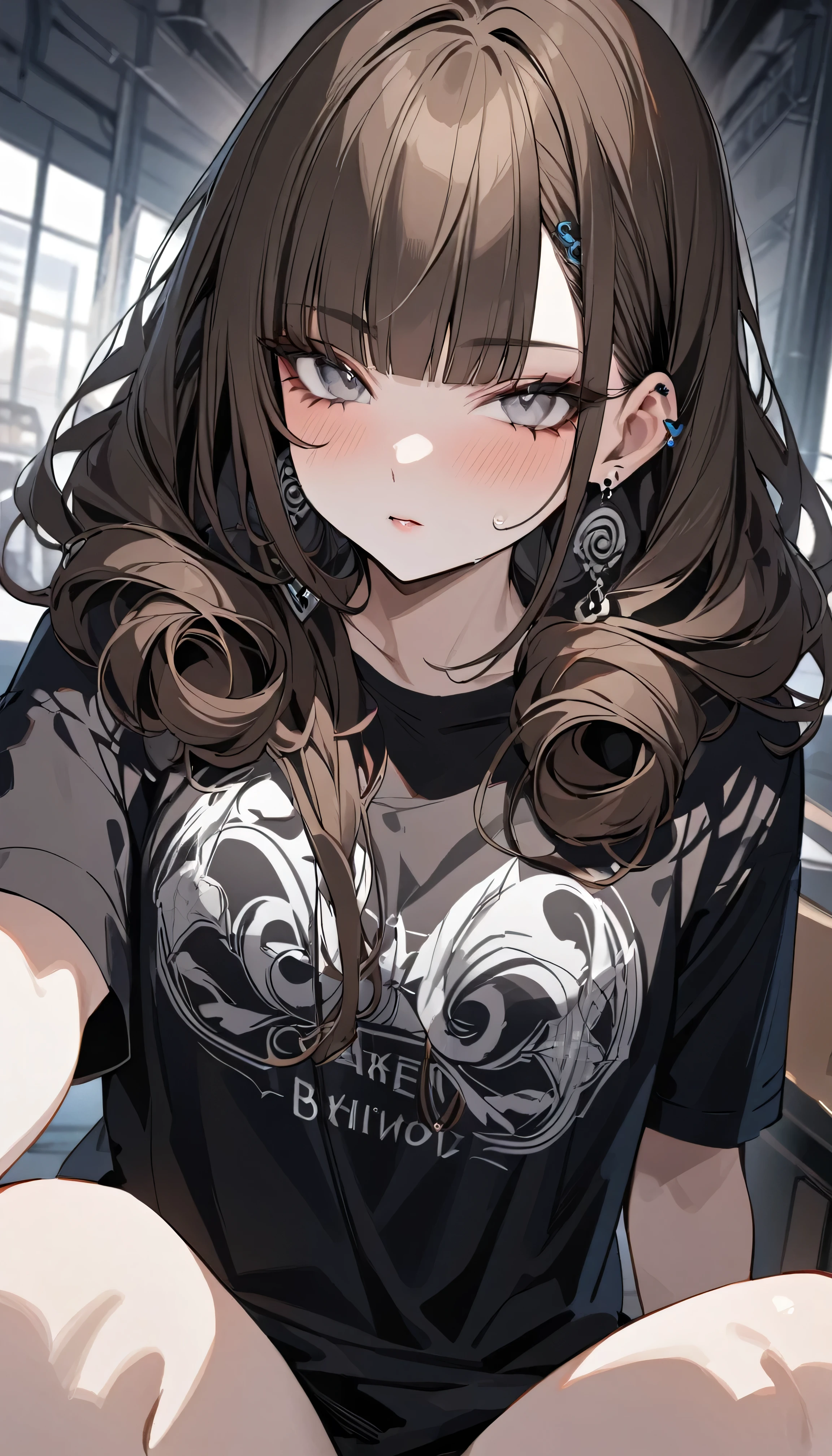 masterpiece, Highest quality, Pixiv, Cool girl, there are a lot of earrings, Earrings, Dark brown hair, Curly Hair, Blunt bangs, Straight bangs, Grey Eyes, Pale skin, Gal, Improve