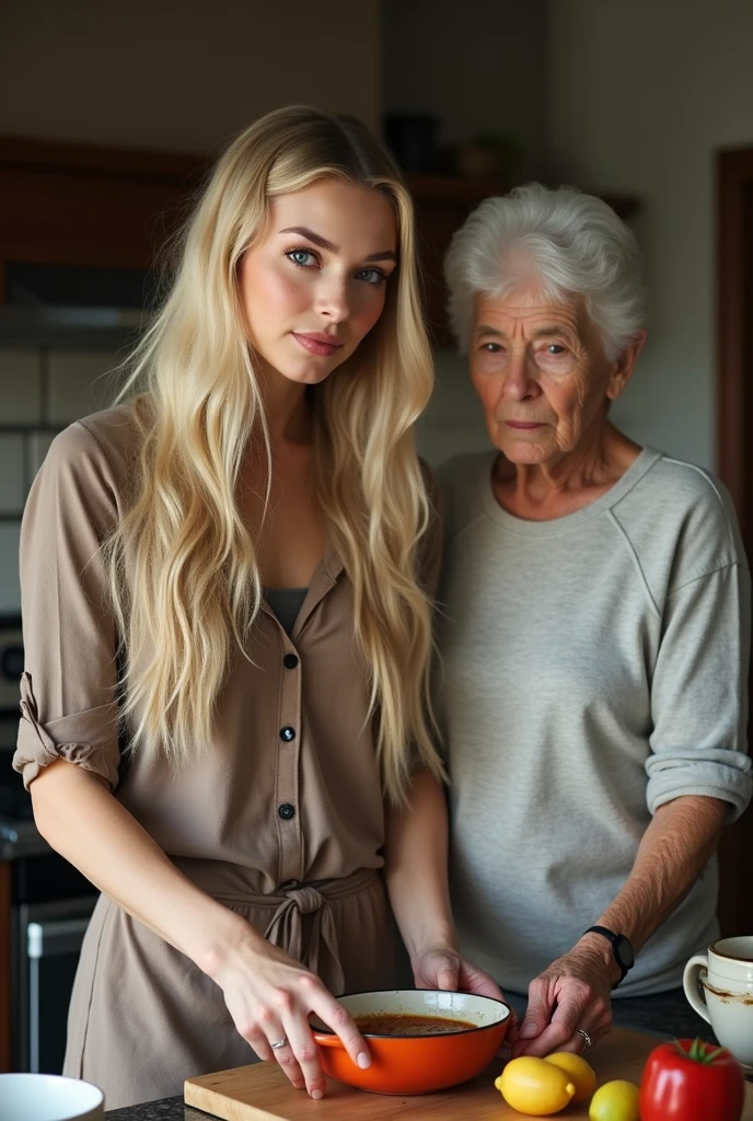 Create a realistic image of a 20 year old woman, long blond hair, blue eyes, cheekbones, ((full body)),
Is cooking, next to her an older person who is her mother, does not look at the camera, background image: a kitchen, head to toe, full body, hyper realistic photo