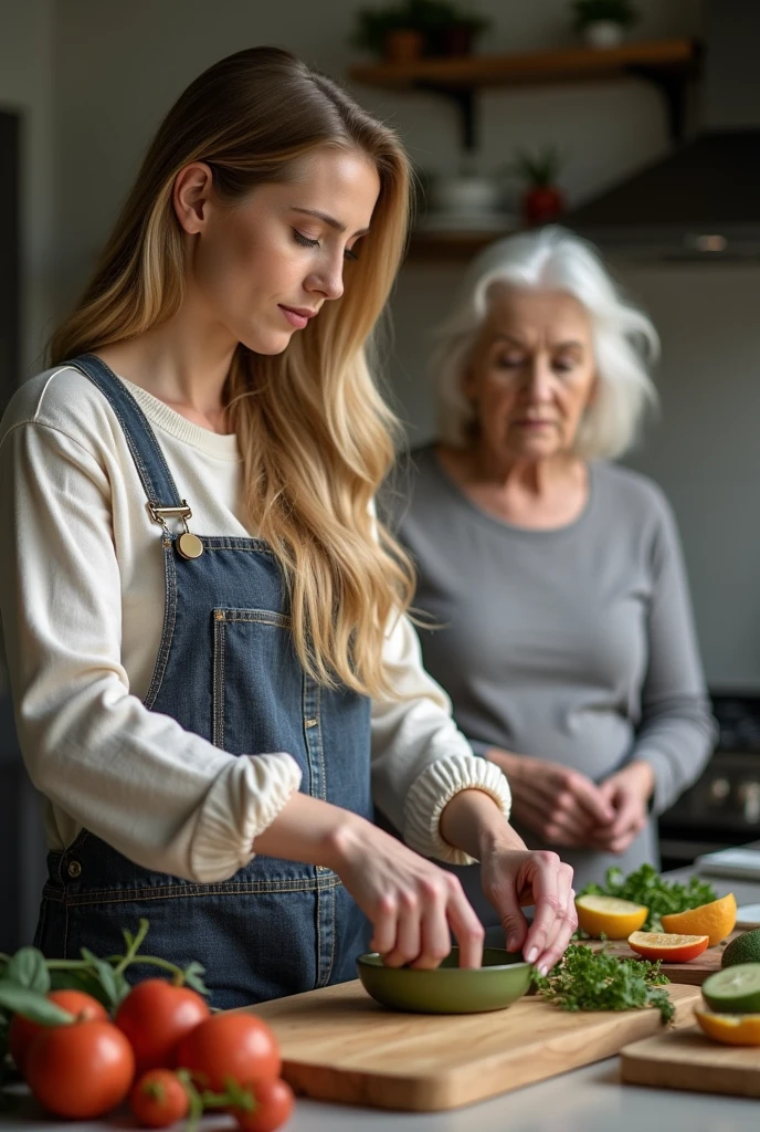 Create a realistic image of a 20 year old woman, long blond hair, blue eyes, cheekbones, ((full body)),
Is cooking, next to her an older person who is her mother, does not look at the camera, background image: a kitchen, head to toe, full body, hyper realistic photo