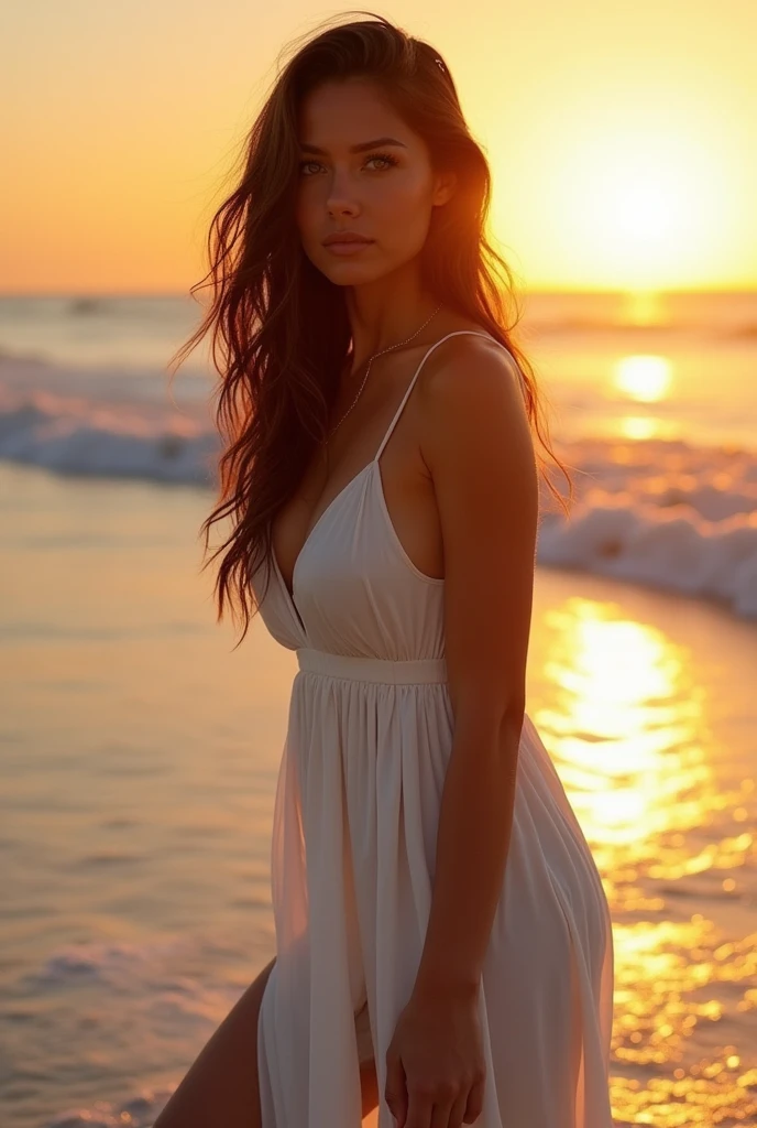 Althea Solange, une jeune femme de 25 ans, se tient avec grâce au bord d'une plage isolée, baignée par la lumière douce du coucher du soleil. Ses cheveux bruns, lisses et soyeux, tombent en vagues élégantes autour de ses épaules, capturant les derniers rayons du soleil et ajoutant une profondeur envoûtante à son teint éclatant. Ses yeux verts, perçants et mystérieux, brillent intensément sous la lumière dorée, créant un contraste captivant avec ses cheveux sombres.

Elle porte une robe blanche fluide et élégante, qui s’ouvre légèrement sur les côtés, flottant doucement dans la brise marine. La légèreté de la robe accentue sa silhouette de 1m67, révélant des courbes voluptueuses avec subtilité. Le haut de la robe, légèrement décolleté, met en valeur son tour de poitrine C, tandis que la coupe fluide laisse entrevoir ses hanches pleines et ses fesses rondes avec une sensualité délicate.

Le sable fin sous ses pieds nus contraste délicatement avec la fluidité de sa robe, créant un effet à la fois sensuel et raffiné. Les vagues murmurantes accompagnent sa démarche empreinte de confiance et de sérénité. La lumière dorée du crépuscule caresse ses traits, illuminant ses cheveux bruns d'une lueur magique. Son regard, tourné vers l'horizon, mêle contemplation et force intérieure, comme si elle était en parfaite harmonie avec la beauté sauvage qui l’entoure.
