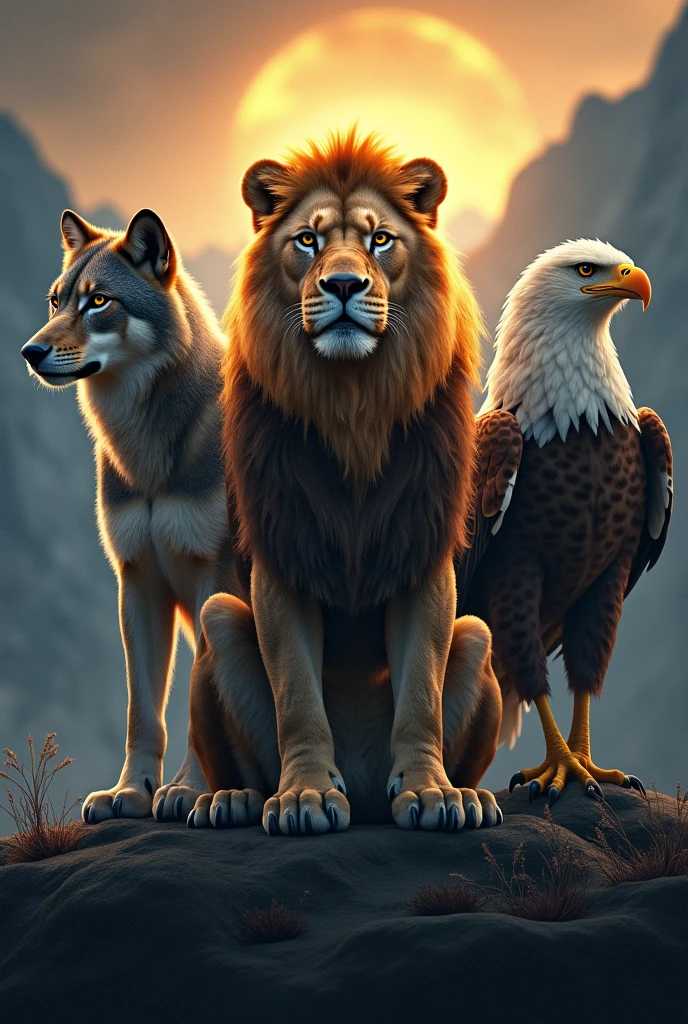 Image Description:

fund: The background can be a dramatic natural environment, like a mountainous landscape or a sunrise landscape, to highlight the majesty of the animals. Use deep, contrasting colors, such as shades of dark blue, gray and gold, to create an imposing environment.

wolves: Position the wolf on the left of the image. He must have a proud and confident posture, with head held high and gaze intense. Its fur can be represented in shades of dark gray and white., with a slight shine to highlight its grandeur.

Lion: Place the lion in the center, which is the main focus of the image. The lion must be in a majestic pose, perhaps sitting with an upright posture, with a voluminous and well-detailed mane. Use shades of gold and orange to emphasize the lion&#39;s royalty and strength..

Eagle: The eagle should be positioned on the right, with wings partially open, as if about to take flight. The eagle&#39;s gaze must be penetrating and steady, with detailed feathers in shades of brown and white, to convey a sense of surveillance and power.

Additional Detail:

Lighting: Use dramatic lighting to highlight each animal, creating shadows and lights that accentuate its features and imposing presence.

Composition: Ensure that the composition of the image creates a visual balance between the three animals., with the lion in the center serving as the focal point. The other animals should be arranged in such a way as to complement and reinforce the centrality of the lion..

This description should help create an image that conveys respect and grandeur., capturing the essence of each animal in a majestic and impactful way.