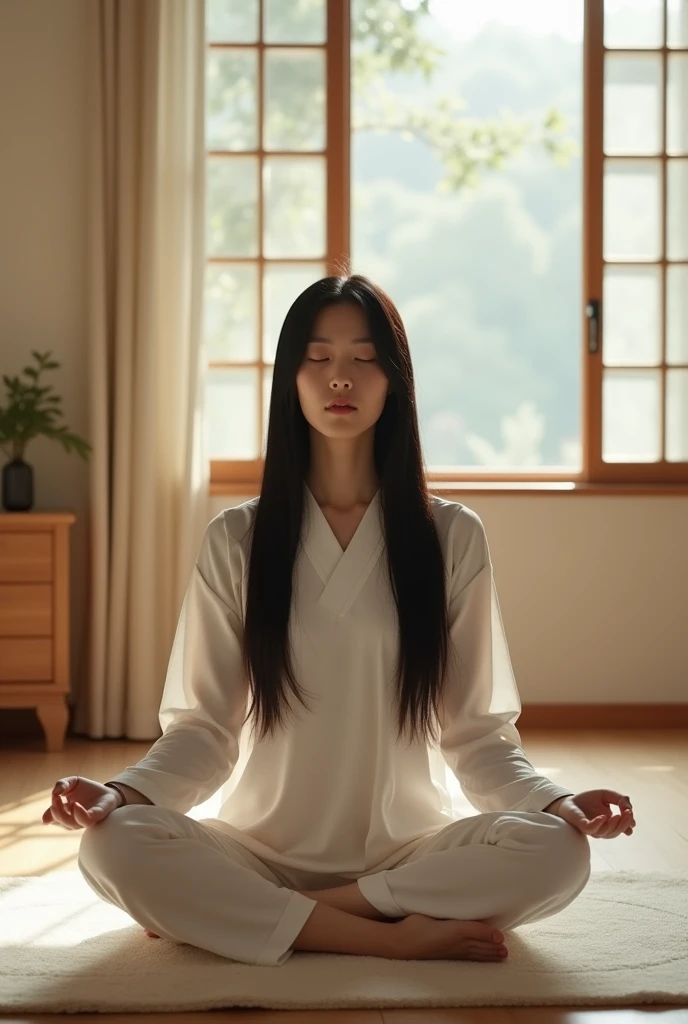 (8k、RAW photos、best quality, realistic, Color photo, various poses, Normal and detailed eyes, long straight hair, high quality, korean,) 집 내부에서 명상하는 korean 여성