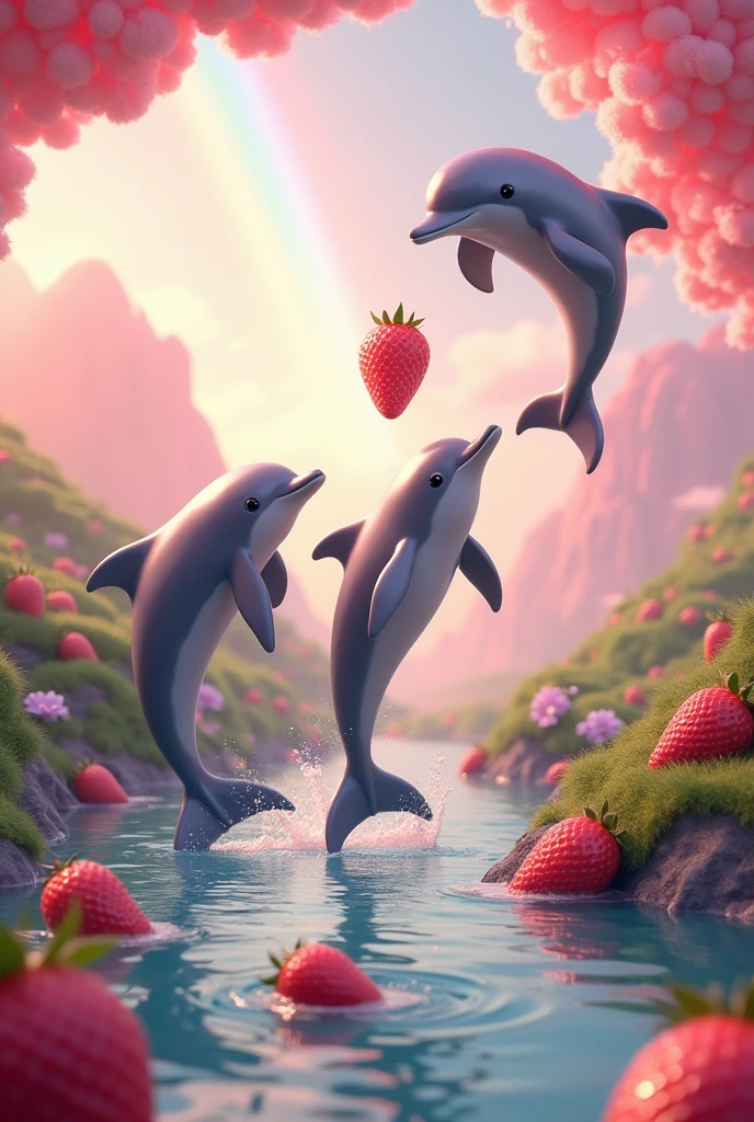 Dolphins jumping over the water to eat strawberries with cream that are above the water but the green landscape comes out with a rainbow and a pink landscape