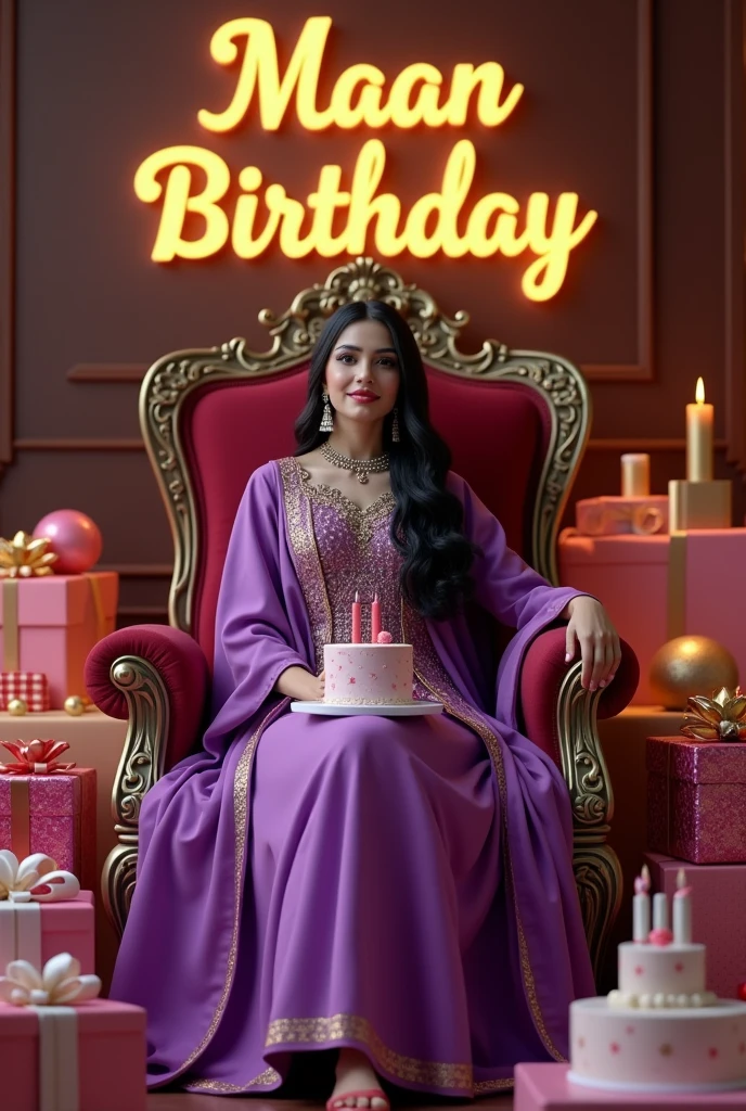 create realistic illusion image of a 24 old girl is sitting on king chair wear 
purple   Pakistani dress  and she is cutting birthday cake there are many royal gifts kept to it and ,3d text is written on the wall MAAN birthday