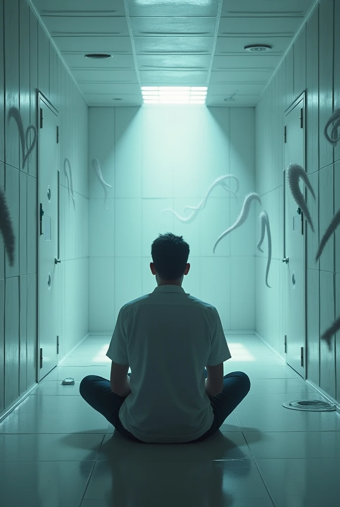 A sterile and terrifying environment, a room without windows, with white walls and a lone camera on the ceiling, pointed to the center of the room. in the middle, Jonas is sitting in a chair, with an expression of terror and confusion, looking directly at the camera, as subtle shadows of digital tentacles appear to approach him.