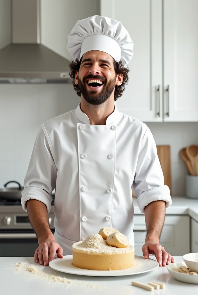 Messi with Cristiano Ronaldo&#39;s face, dressed in a chef&#39;s outfit cooking a cake in his white kitchen with an oven while laughing. 