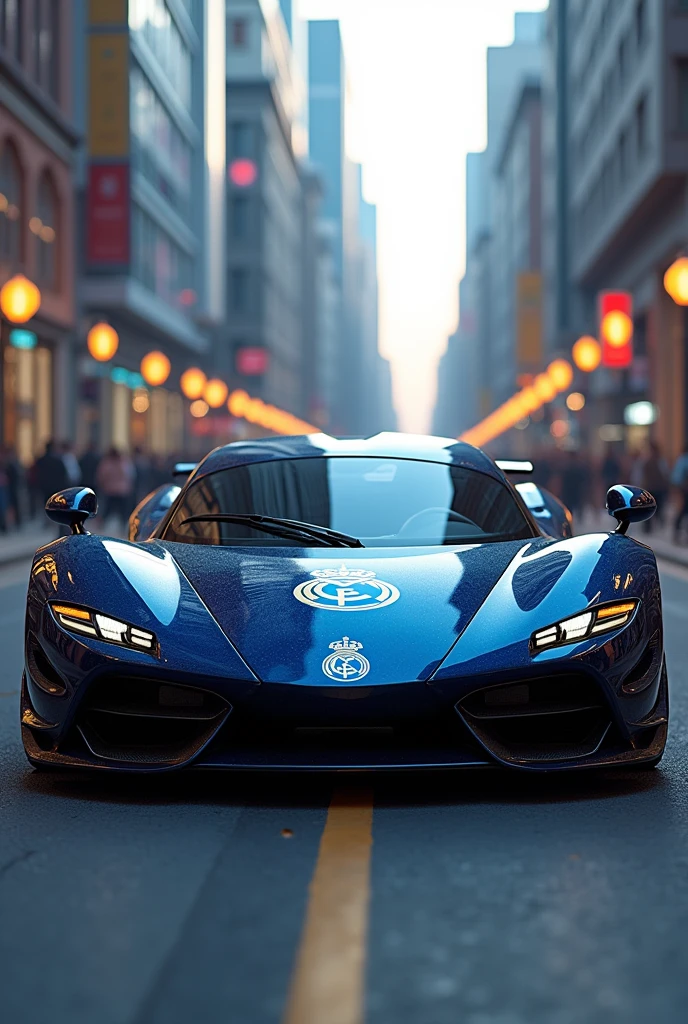 Create an image of a sports car decorated with the Real Madrid logo