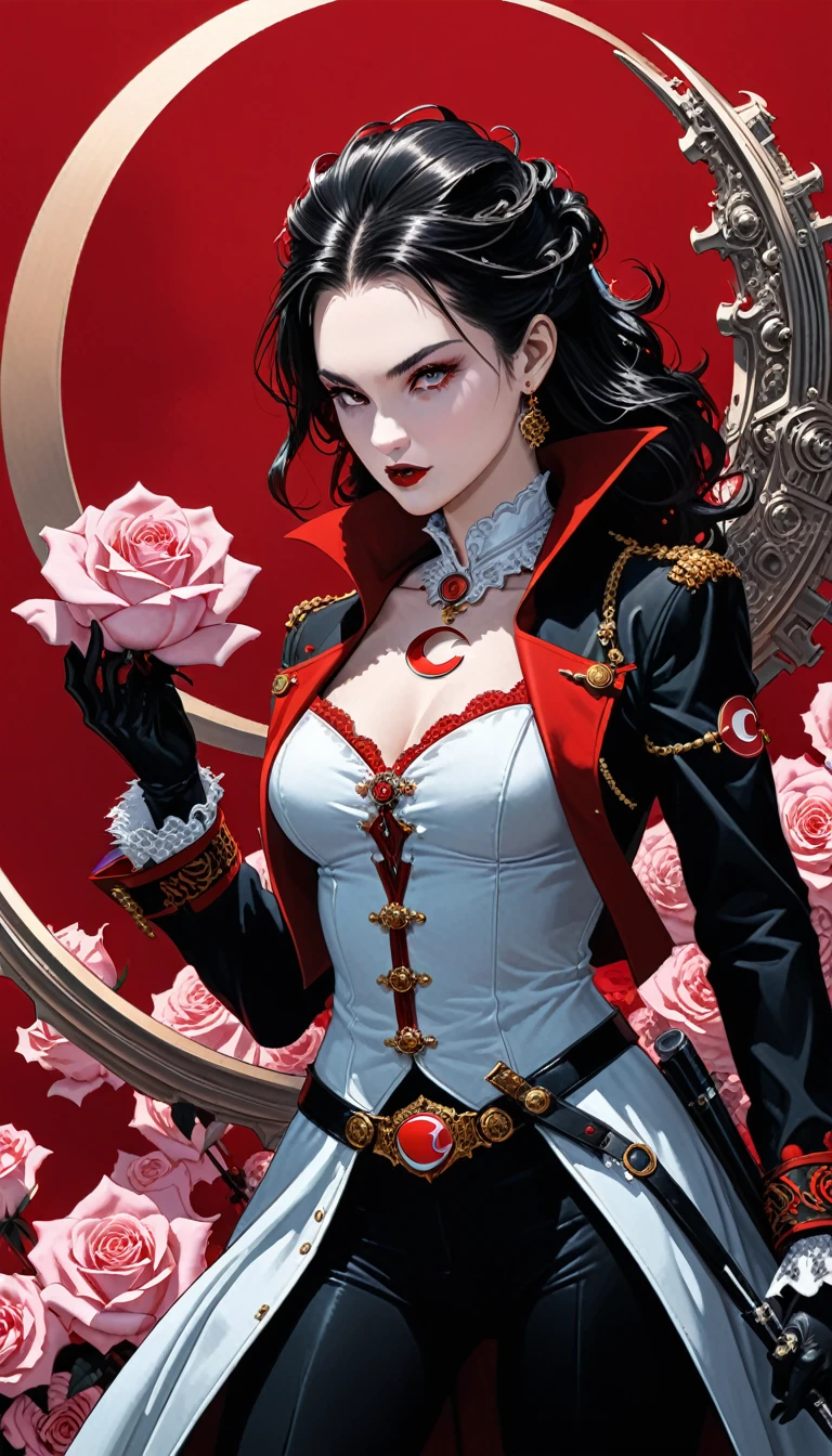 in style of Ashley Wood,in style of Nick Veasey,
(2d comic style:1.7),(1990-е годы \(style\):1.7),(vampire hunter D style:1.4),Charlotte, aristocratic girl close up,bright colors,
break
(rose quartz:1.3),(red crescent background:1.4),spicy,spicy image,(incredibly detailed and confusing, hypermaximalist, elegant, ornate, hyperrealistic, super detailed:1.1),extremely detailed,Amazing resolution,8 K,(Ray tracing:1.3),masterpiece,(particle effects:1.3),(beautiful effects:1.3),
break
(darkness:1.4),(Extreme Shadows:1.4),(best shadow:1.4),dark atmosphere, Kazakh girl in national dress