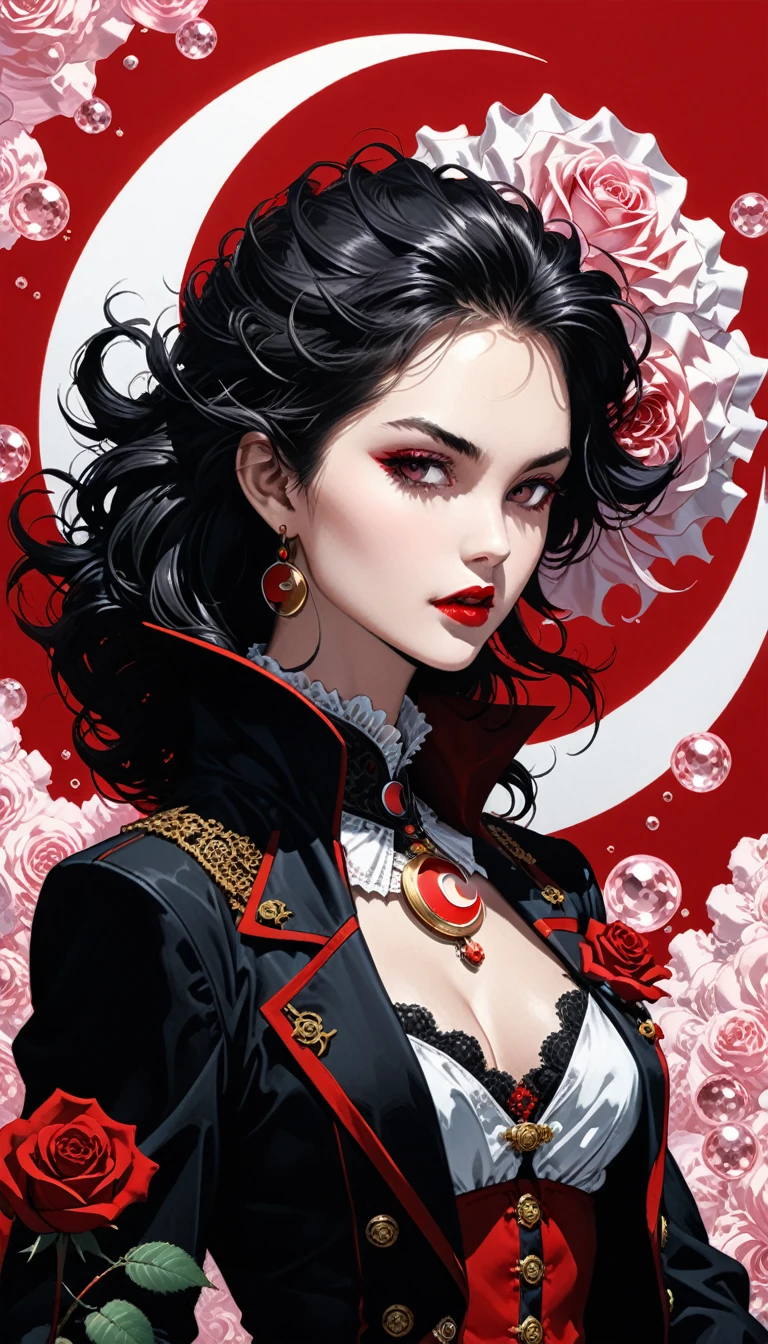 in style of Ashley Wood,in style of Nick Veasey,
(2d comic style:1.7),(1990-е годы \(style\):1.7),(vampire hunter D style:1.4),Charlotte, aristocratic girl close up,bright colors,
break
(rose quartz:1.3),(red crescent background:1.4),spicy,spicy image,(incredibly detailed and confusing, hypermaximalist, elegant, ornate, hyperrealistic, super detailed:1.1),extremely detailed,Amazing resolution,8 K,(Ray tracing:1.3),masterpiece,(particle effects:1.3),(beautiful effects:1.3),
break
(darkness:1.4),(Extreme Shadows:1.4),(best shadow:1.4),dark atmosphere, Kazakh girl in national dress