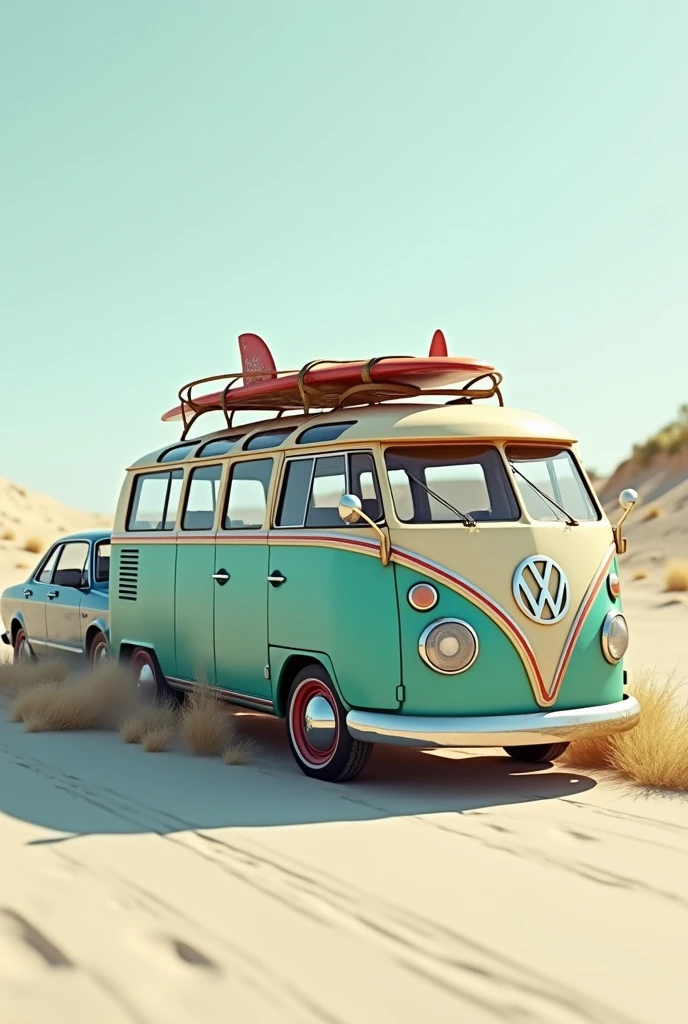 Kombi with a surfboard on the roof crashes behind a regular car, profil view, 8K, High Quality, Photorealistic, Clean Background
