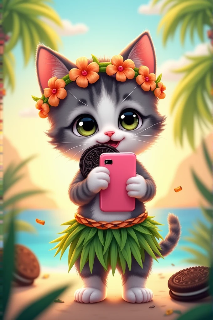 Drawing of a kawaii gray and white tabby kitten as a Tahitian dancer with a pink phone eating an oreo