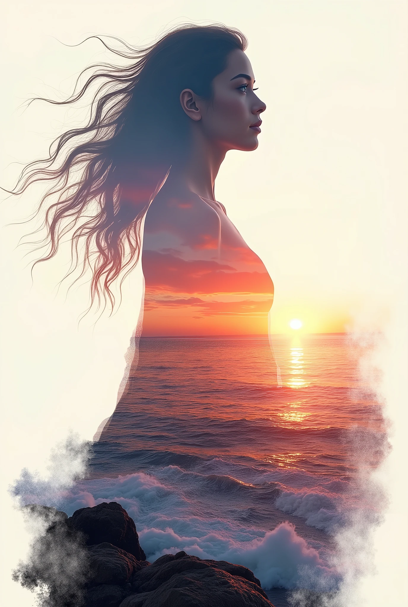 high quality, 8K Ultra HD, A beautiful double exposure that combines an goddess silhouette with sunset coast, sunset coast should serve as the underlying backdrop, with its details incorporated into the goddess , crisp lines, The background is monochrome, sharp focus, double exposure, by yukisakura, awesome full color,