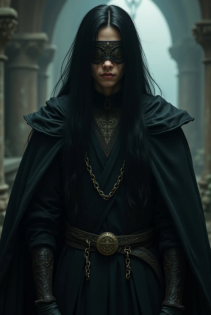 A young nobleman with long straight black hair, dark medieval robes and iron blindfolds with chained arms