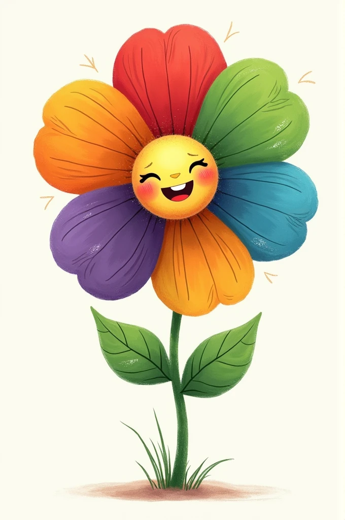 A drawing of a flower with 6 petals, the top one is red, the bottom one is green, the left one is purple and the other one is blue, and on the right one is orange and the other one is yellow, with a cute smile.