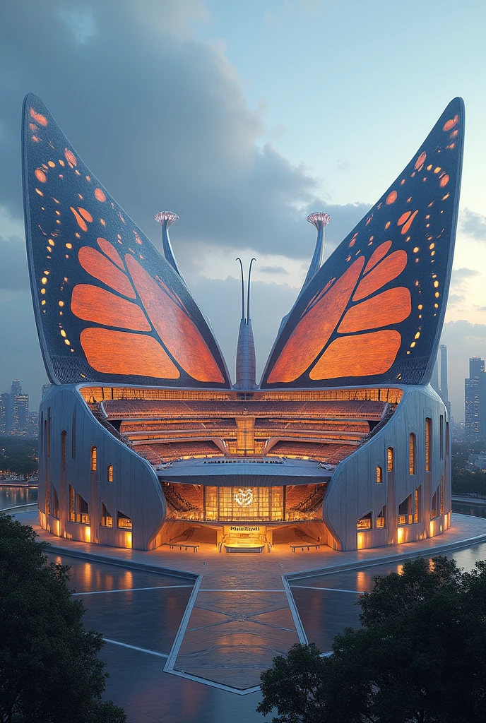 Imagine a stadium with a structure in the shape of a monarch butterfly, where the wings extend to the sides like steps and the antennas rise like lighting towers. The main facade has a shape that imitates the outline of the butterfly, while the architectural design is integrated without using the colors of the butterfly, opting instead for a neutral and metallic color palette. Is there any specific detail you would like to add??