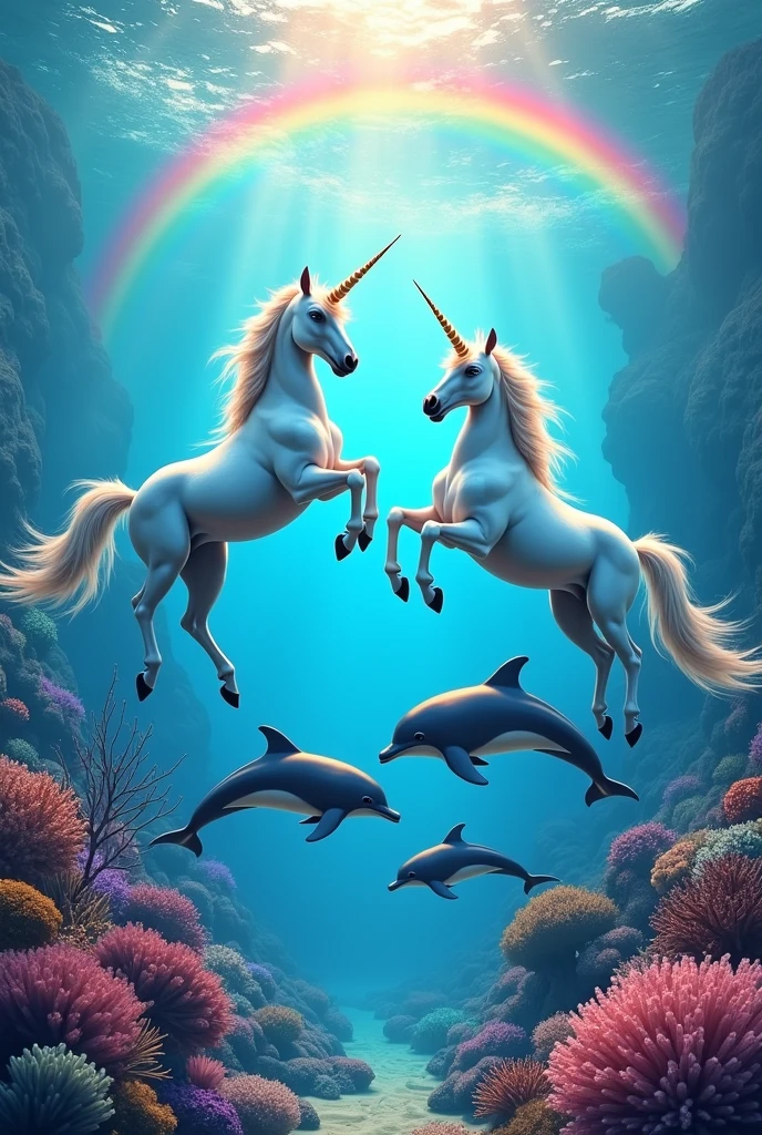 From the top of the image: (1 lush unicorn looking left and 1 lush unicorn looking right);
Na parte inferior da imagem: (3 dolphins jumping over beautiful corals);
(beautiful rainbow in the background of the image);