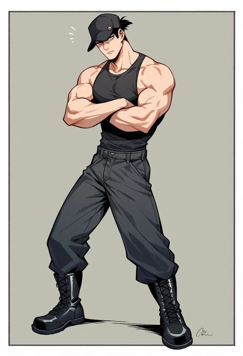 A strong man with Asian features, very short black hair, black eyes, and fair skin. He is wearing a black cap that covers his eyes, he is a dancer in K-pop concerts, wearing a tight black sleeveless shirt, loose black pants, and black boots. He is standing on stage with his arms crossed, waiting for the dance to begin, and his eyes are not visible.