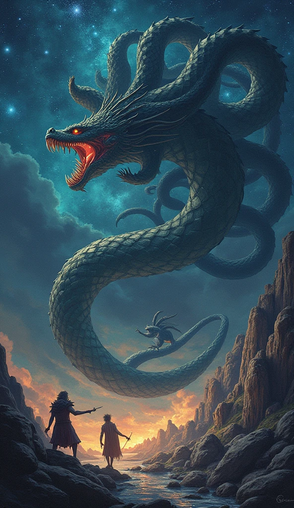 Hydra was a monstrous nine-headed serpent that terrorized the region of Lerna. Every time one of their heads was cut off, two new ones grew in their place. Herakles, as part of his Twelve Labors, was tasked with defeating the creature. With the help of his nephew Iolaus, he used fire to cauterize the wounds after cutting off each head, preventing them from regenerating. After a fierce battle, Herakles finalmente derrotou Hydra e enterrou sua cabeça imortal sob uma enorme rocha. As a tribute to this great battle, Zeus placed the image of Hydra in the sky as a constellation, symbolizing the fight against the impossible and the victory of courage over terror.