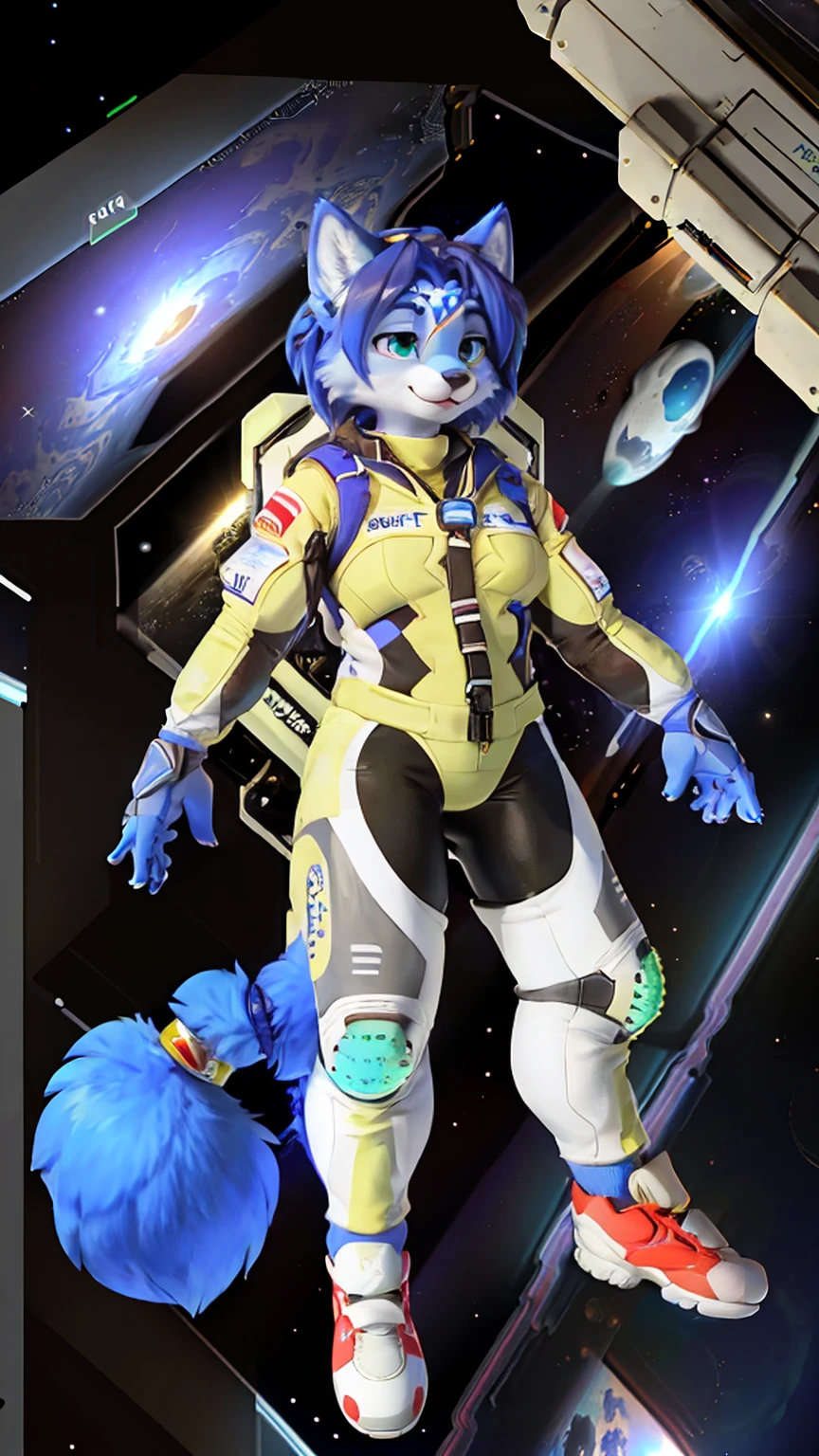 a picture of ((krystal)), Star Fox krystal, sslim, lovable, green eyes, medium breasts, (((Long blue hair 1.3))), Decollete, anthro, furry, Uploaded E621, detailed fluffys fell, (von Fluff-Kevlar, Bayard Wu, Pino Daeni), detailed face, (fluffy), 1 girl, alone, sweet girl, (((hole body))), (((trägt einen gepanzertzen lila spacesuit:1.3))), (((floating in space))), galaxy, spacesuit,