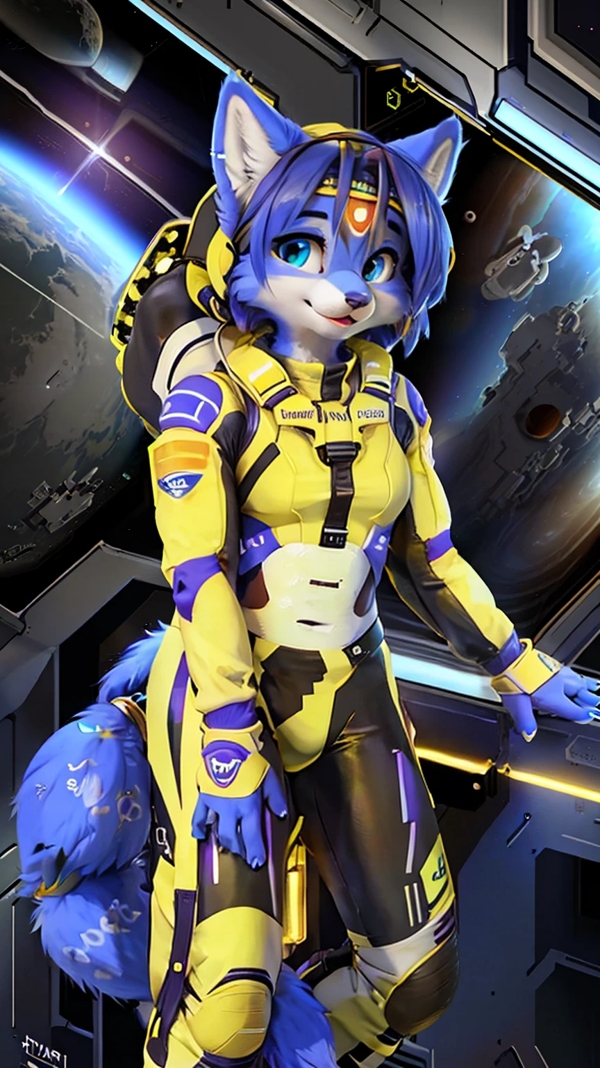 a picture of ((krystal)), Star Fox krystal, sslim, lovable, green eyes, medium breasts, (((Long blue hair 1.3))), Decollete, anthro, furry, Uploaded E621, detailed fluffys fell, (von Fluff-Kevlar, Bayard Wu, Pino Daeni), detailed face, (fluffy), 1 girl, alone, sweet girl, (((hole body))), (((trägt einen gepanzertzen lila spacesuit:1.3))), (((floating in space))), galaxy, spacesuit,