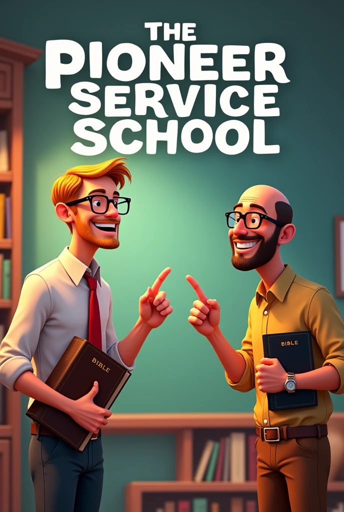Clear, Let's adjust the description to include a Nordic character:
**Poster Description:**
1. **Main characters**:
- **first man**: calvo , like light skin, blond hair and glasses He wears a shirt and tie, and holds a Bible.
- **Second Man**:bald with more Mediterranean or Latin American characteristics. He has slightly darker skin and glasses.. He also wears a shirt and tie, and holds a Bible.
2. **action**:
- Both men are enthusiastically pointing at an invitation sign that is in the center of the poster.
3. **Invitation Poster**:
- The poster has the text: "Welcome to the Pioneer Service School" in big, friendly letters.
4. **bottom**:
- A simple background that suggests an educational environment, like a wall with bookshelves or a cozy classroom.
5. **style**:
- The style is vibrant and cartoony in the style of Pixar, with bright colors and warm expressions that convey a cozy and cheerful feeling.
This approach ensures that both characters are distinct and representative., keeping the friendly essence of the poster.