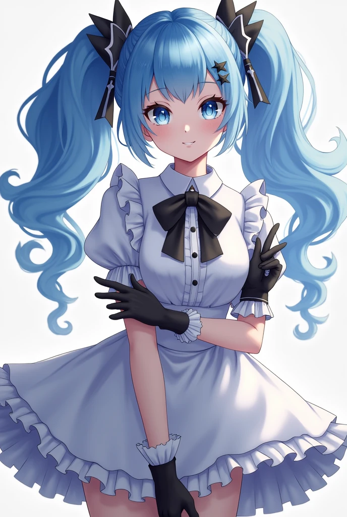 1girl,absurdres,black bow,black gloves,black legwear,blue eyes,blue hair,bow,collarbone,dress,drill hair,frilled dress,frills,gloves,gwen \(league of legends\),hair ornament,highres,league of legends,long hair,parted lips,puffy sleeves,pink pupils,smile,solo,white dress,x,x hair ornament,