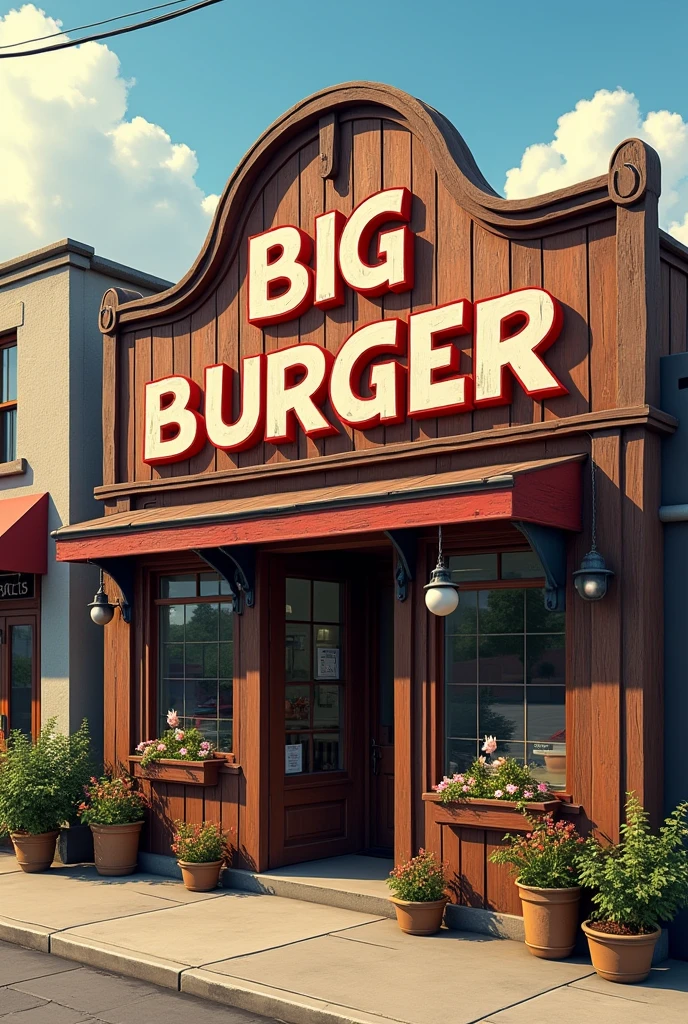 Facade of a rustic burger joint with the name Big Burger