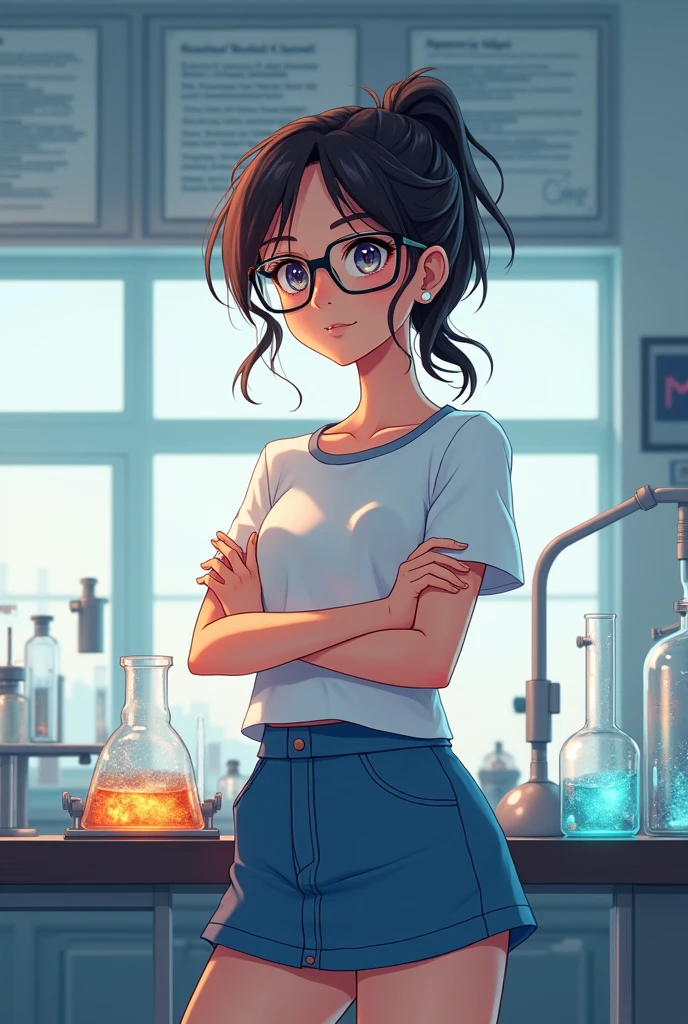 A town young big girl wearing specs and tied hair in a ponytail wearing white tshirt and blue mini skirt. She doing science experiment in lab