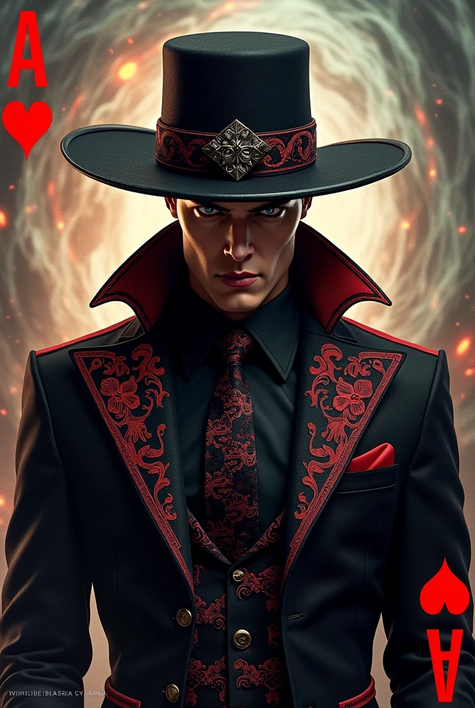 Satans card and clothes including the black and red hat