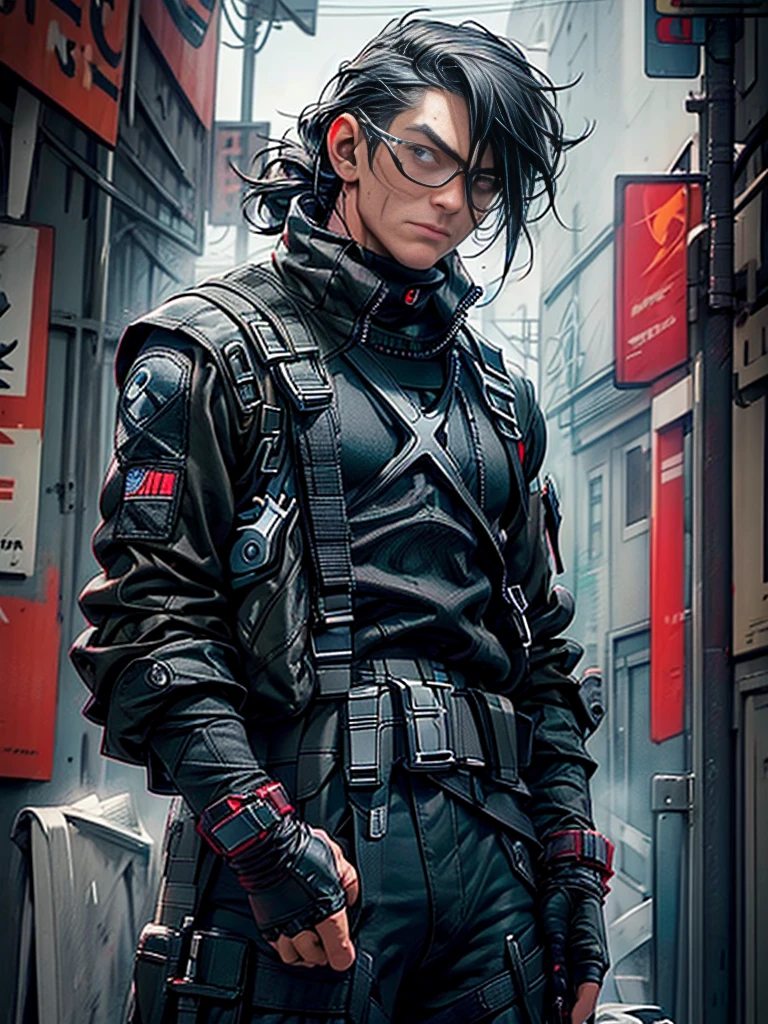 (mature body), (upper body:1.5), nikon RAW photo,8 k, Fujifilm XT3,masterpiece, best quality, realistic, photorealistic, ultra detailed, 1male, height is 6'0, dark crimson orange eyes, mid-back length messy black hair, muscular physique, a Ventec tactical goggles, Winter Soldier gloves, Black tactical vestCondor, black H-Harness, Black cargo pants, Winter Soldier prosthetic arm, Black SWAT belt, Rubber knife with sheath, Black tactical leg holster, Black knee pads, & Black combat boots