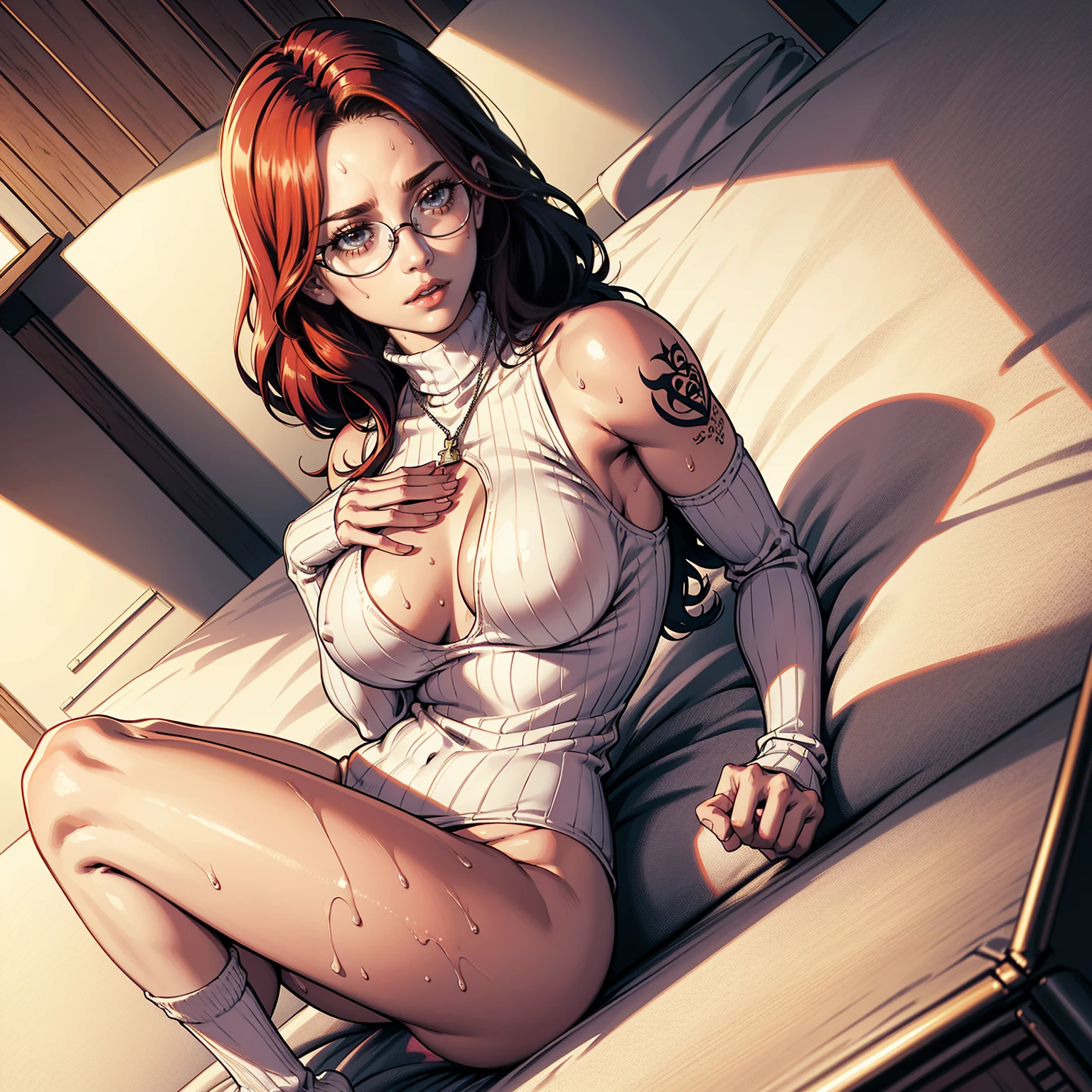 Masterpiece, best quality, 4k, Insanely Definition, uncensored, rating explicit, full body, one-girl,circle glasses,Tattooed with, One-piece turtleneck white sleeveless sweater, Long white cotton socks, The lips are slightly open, Red-faced, Wet hair,Sweat all over the body,sit on a bed, crisp breasts, Convex buttocks, Grab your chest with both hands, Clothing details, perfectly proportioned, Multiple perspectives,filmgrain, lightand shade contrast