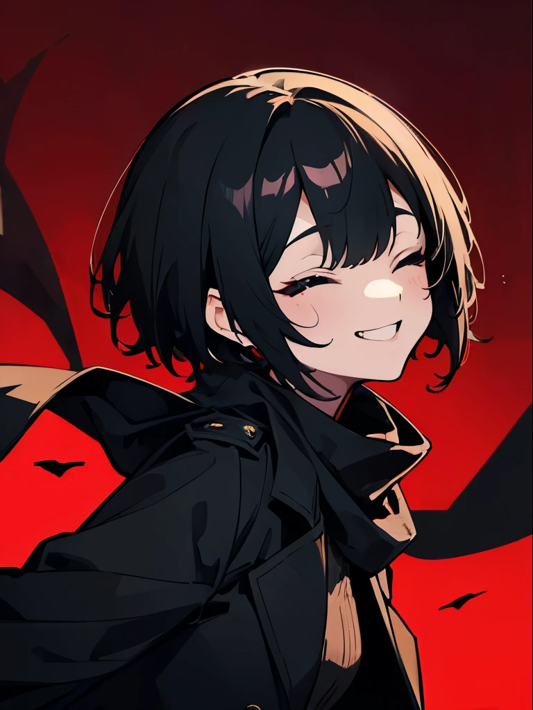 (One Girl), Black Hair, (Close ~ eyes) Chiban, Wear a black trench coat, Black scarf, Bloody, Blood on clothes, short hair, (Wicked Smile), Upper Body