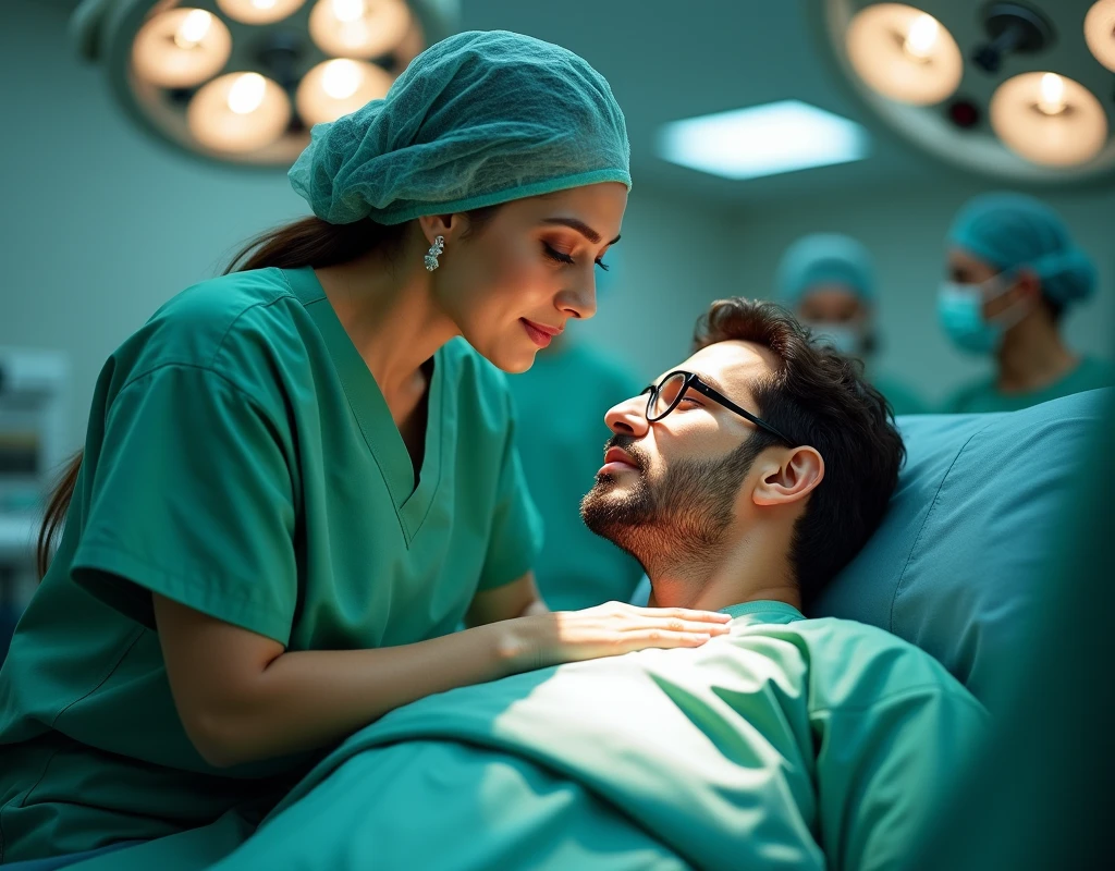 Aishwarya Rai as surgeon, wearing green scrubs, wearing skull cap, wearing surgical glasses, cuddling male patient in operation theatre, fullbody view, topdown view,