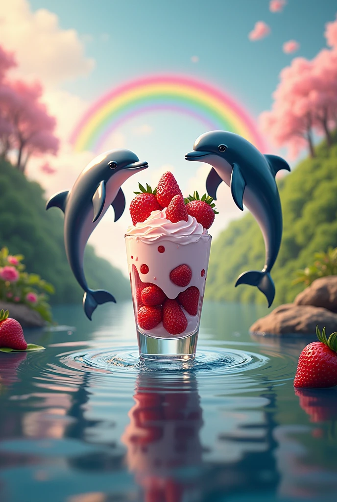Dolphins jumping over the water to eat a glass of strawberries with cream on top of the water, but the green landscape comes out with a rainbow and a pink landscape 