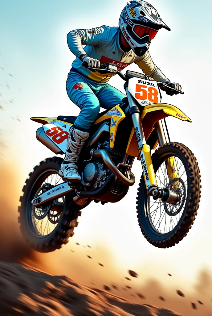 Supercross cartoon Suzuki Rmz450 jumping white light blue alpinestars suit number 58