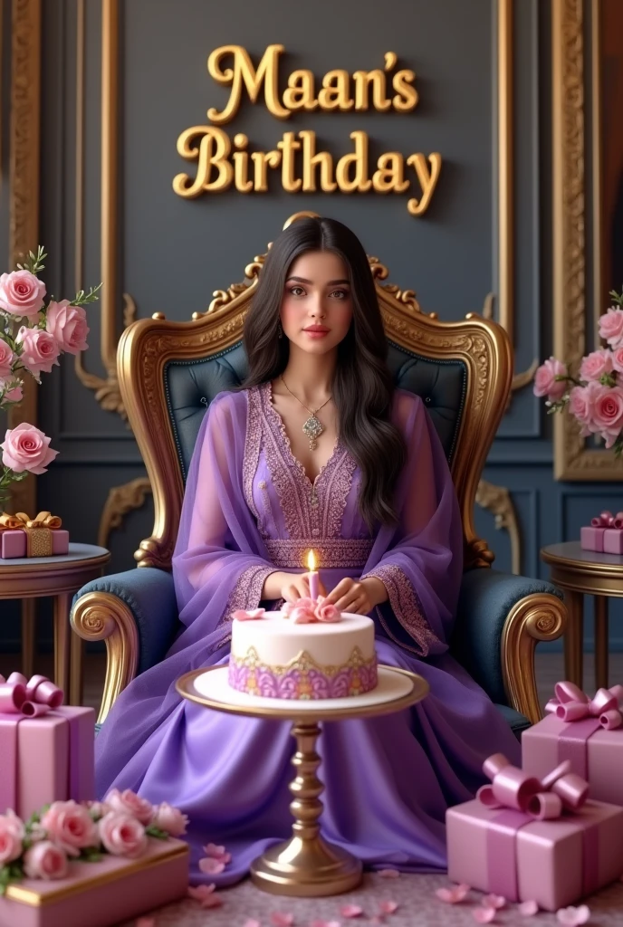 create realistic illusion image of a 24 old girl is sitting on princess chair and lood like princess wear
purple Pakistani dress and she is cutting birthday cake there are many royal gifts kept to it and ,3d text is written on the wall MAAN birthday