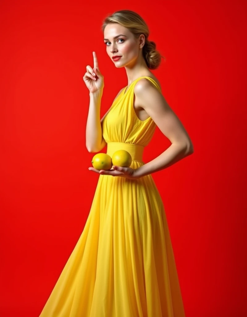 realistic photograph of scarlett johansson, dressed in a long yellow dress, making the number 2 showing the camera two fingers of her right hand, in the other hand she holds two green lemons. Isolated on a red background. Side angle view. Extremely Realistic. Perfect hands.