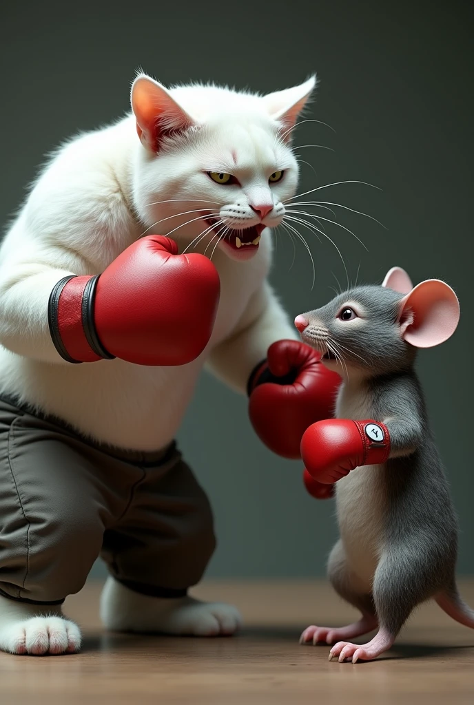 The white realistic muscular bodybuilder daddy cat lands a punch on the grey mouse’s face wearing t-shirt and trousers and red boxing gloves.Visual Elements: A dramatic action scene where the daddy cat’s red boxing glove connects with the grey mouse’s face. The mouse’s expression shows shock and pain. Pictures look like original and not blurred and 4k results.