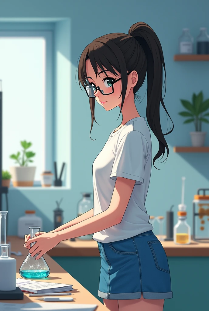 A town young big girl wearing specs and tied hair in a ponytail wearing white tshirt and blue mini skirt. She doing science experiment in lab