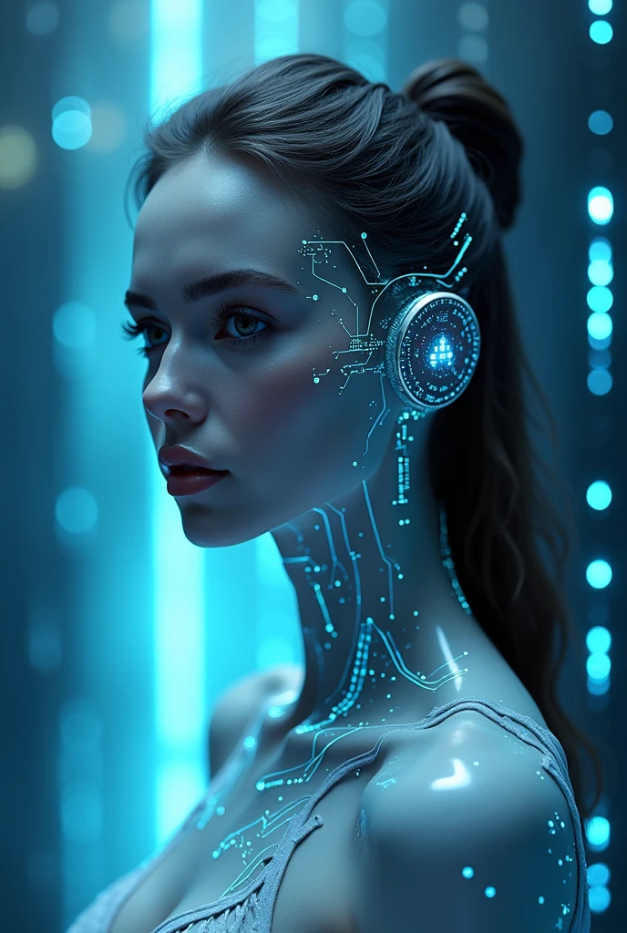 Cover design for a song about distrust and artificiality towards a woman created by an AI. The image must include a woman with an appearance that mixes human and technological elements, highlighting that it is 'made in an AI'. Use digital elements, as circuits or programming codes, to accentuate the artificiality. The scenario may be futuristic, with predominant colors in blue and silver. The woman must look elegant, but with an aura of mystery and a touch of 'robotization'.