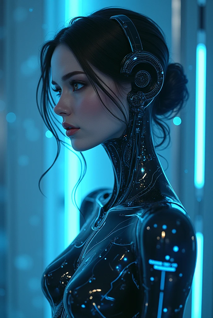 Cover design for a song about distrust and artificiality towards a woman created by an AI. The image must include a woman with an appearance that mixes human and technological elements, highlighting that it is 'made in an AI'. Use digital elements, as circuits or programming codes, to accentuate the artificiality. The scenario may be futuristic, with predominant colors in blue and silver. The woman must look elegant, but with an aura of mystery and a touch of 'robotization'.