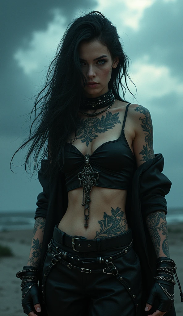 a badass girl, dark gothic fantasy, dramatic lighting, moody atmosphere, rain, thunderstorm, stormy sky, dramatic pose, intense expression, mesmerizing eyes, flowing hair, dark clothes, leather jacket, fingerless gloves, detailed intricate tattoos, shining metal accessories, cinematic composition, high contrast, dramatic shadows, vibrant colors, (best quality,4k,8k,highres,masterpiece:1.2),ultra-detailed,(realistic,photorealistic,photo-realistic:1.37)