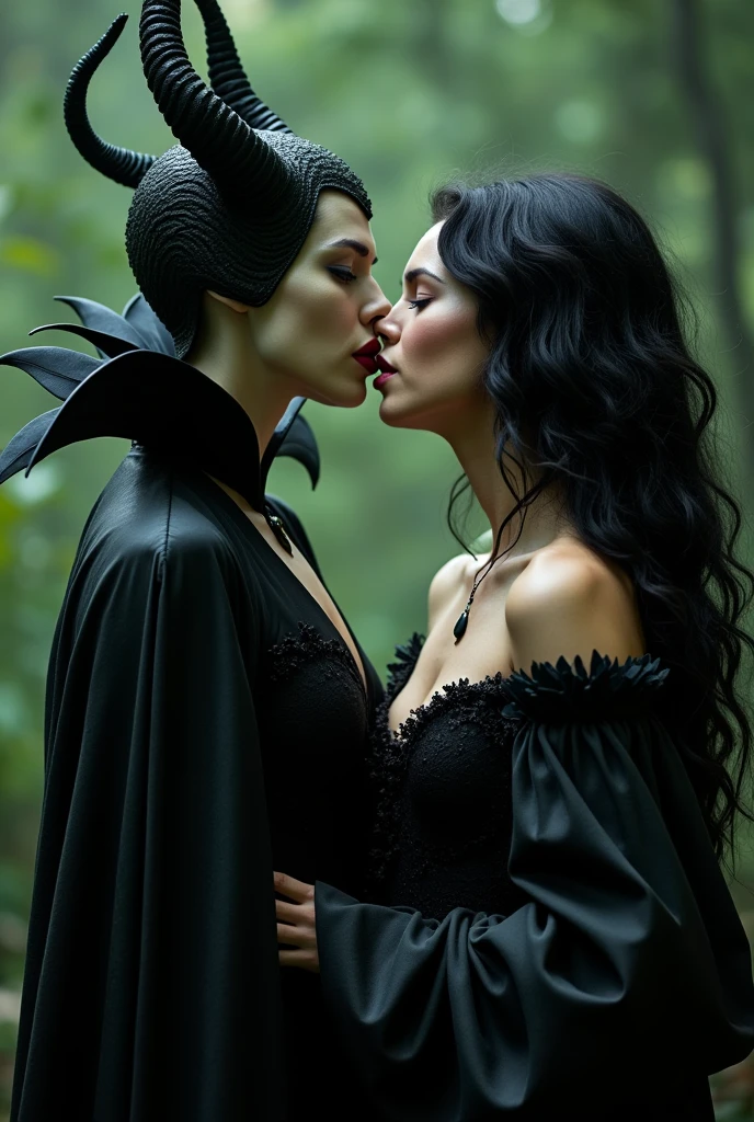 Maleficent in the process of transforming into a dragon, she is not quite human, yet not quite a dragon, her eyes are glowing a pale green, dark red lipstick, powerful, black leathery scales, she is kissing a stunning female vampire of mixed ancestry who has long wavy black hair, the vampire is pale, Maleficent is overpowering her, clutching her neck, fondling her breasts, deep French kiss, tongues touching, ecstasy, visible breasts, visible cleqvage, Maleficent is taller, she is straddling Maleficent, she is squeezing her plump ass