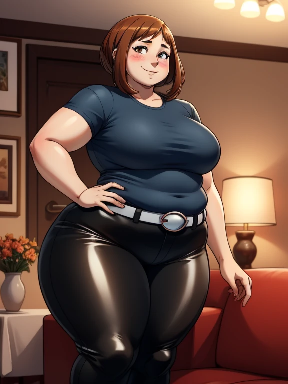 high quality, best quality, beautiful, perfect lighting, detailed face, ((1girl)), ((solo)), Imagine Ochaco Uraraka as an adult, 45yo, MILF, plus sized milf, mature face, fat face, chubby cheeks, slight wrinkles around the face, motherly, mom, short brown hair, brown eyes, ((blush)), smile, looking at viewer, black leather pants, dark blue shirt, white belt, white heels, ((medium breasts)), wide hips, thick thighs, chubby, love handles, muffin-top, round belly, living room, hands on hips,
