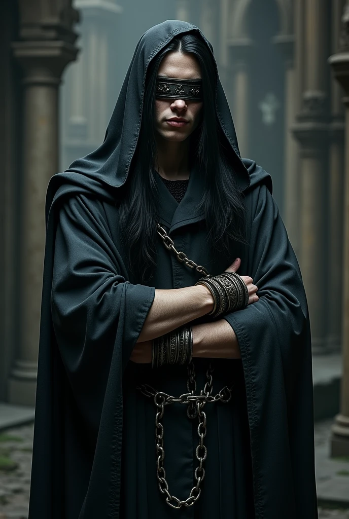 A young nobleman with long straight black hair, dark medieval robes and iron blindfolds with arms chained with large chains 