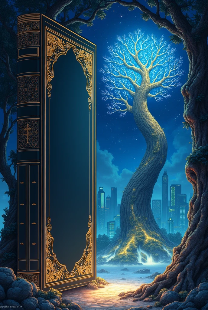 Create for me an art with two divisions, A thin, showing a simple art, and the other thick one a nocturnal art. I want you to put several golden details on the thin part and the thick part., place a giant Yindrasil tree with several spotlights of different colors. in the fine part that something noble, without showing the Tree, just details, as if it were a book spine and a cover. Make Art for a Manga, debt in two columns and separate them.