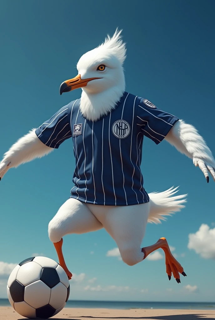 White seagull in dark blue and white striped football shirt playing football