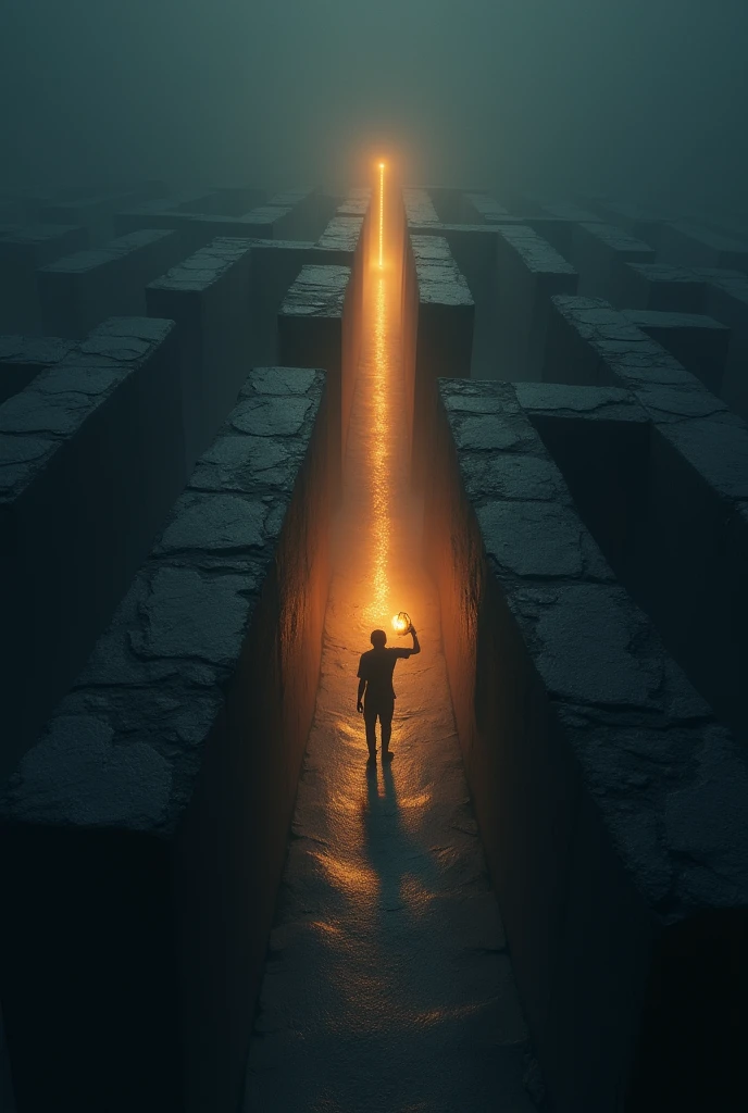 A man is lost in a maze made of shadows. A woman stands at the entrance, holding a lantern that casts a long, guiding light path toward him.
