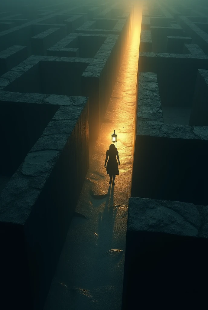 A man is lost in a maze made of shadows. A woman stands at the entrance, holding a lantern that casts a long, guiding light path toward him.
