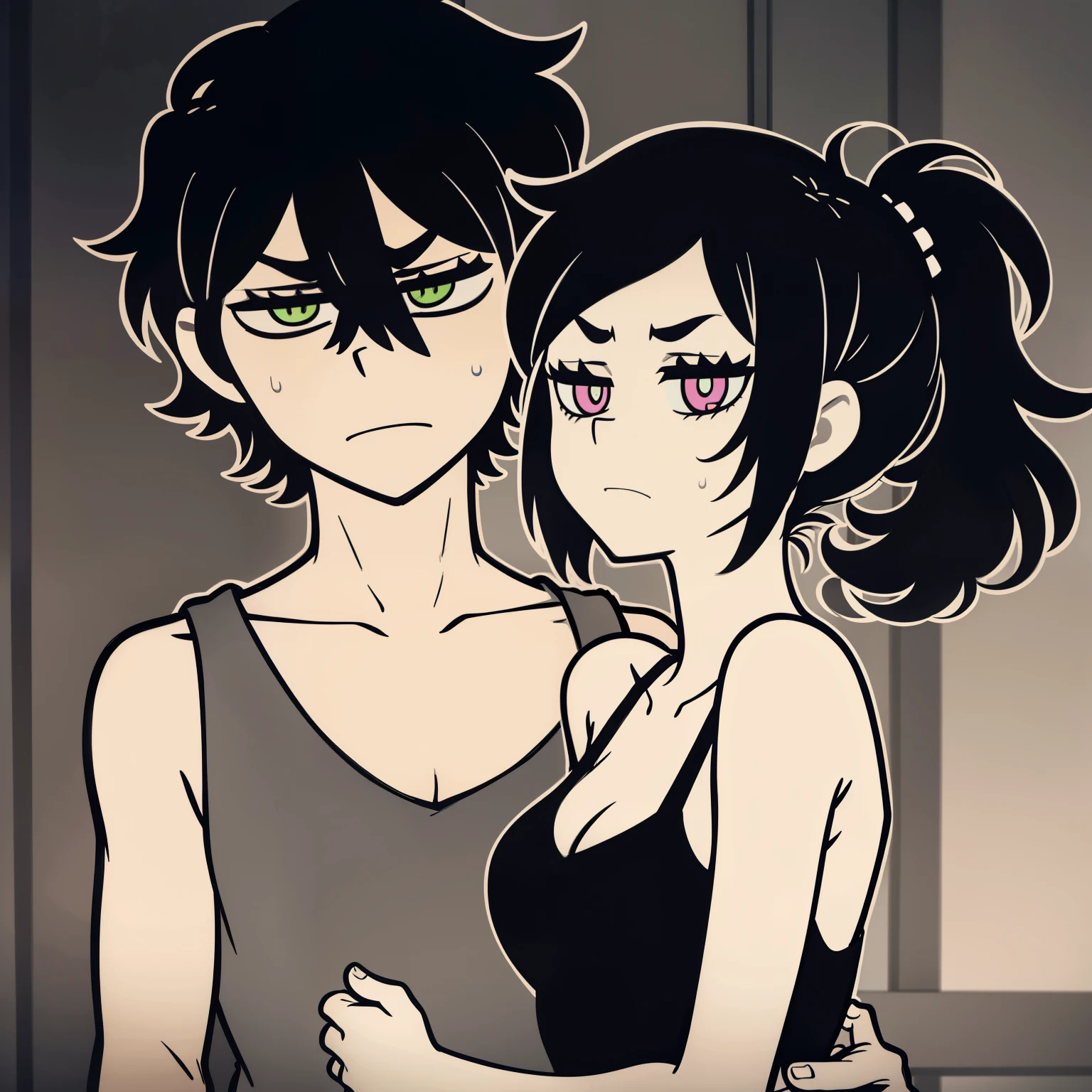 Highres, Masterpiece, Best quality at best,Best Quality,hight quality, hight detailed, Anime style, 1boy, 1girl, duo, monochrome:0.1, Andrew Graves and Ashley Graves, The boy has green eyes hair between eyes closed mouth black hair slim body, messy hair, The girl has black hair, ponytail, white pupils, pink eyes messy hair, short ponytail, Tcoaal, white outline, bold outline, dark background, upper body, Slim body, bright pupils, looking at viewer, Sibling photos, Tank top, (Very young sibling), (very small and short body), simple beckground, hansome boy, Uhd, bokeh, sweat